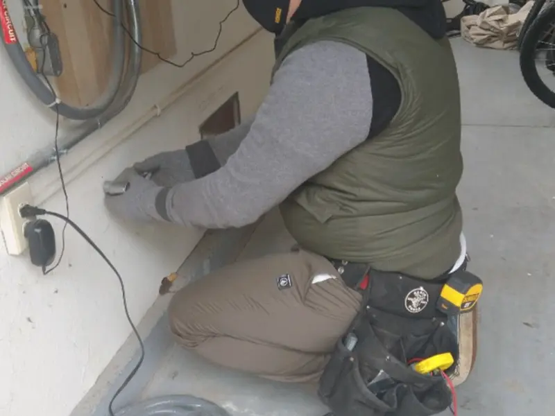 Electrician performing outlet wiring in a Sun Prairie garage